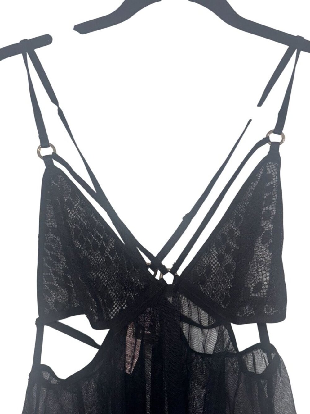 Victorias Secret Black Sheer Mesh Lace Lingerie Babydoll Dress With Strappy Deta - Picture 6 of 11